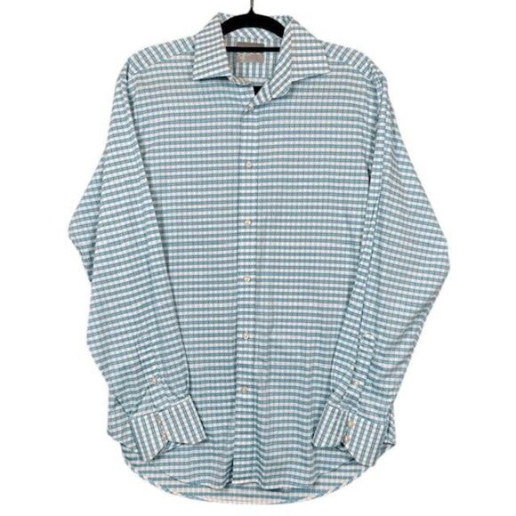 Thomas Dean Button Front Shirt Teal Blue and White Diamond Print Size Medium - Picture 1 of 10